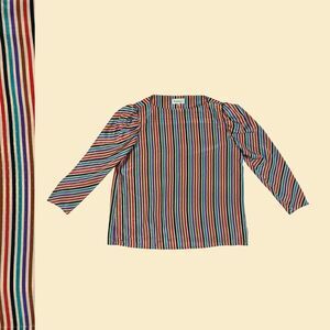 1970s striped satin blouse by Bethany, size 40 vintage multi-color rainbow shirt